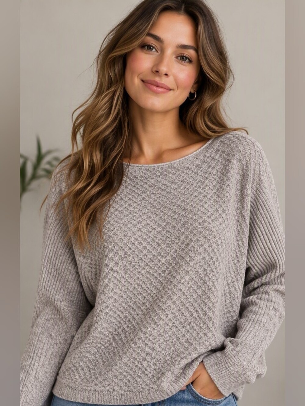 Cozy Textured Knit Sweater In Light Taupe